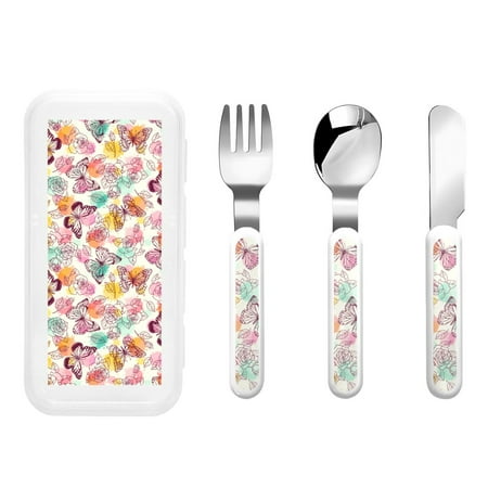 

Cauagu Butterflies and Roses Print 3-Pieces Toddler Cutlery Set Kids Silverware Set with Spoons Forks & Knife Stainless Steel Utensils for Kids Dishwasher Safe