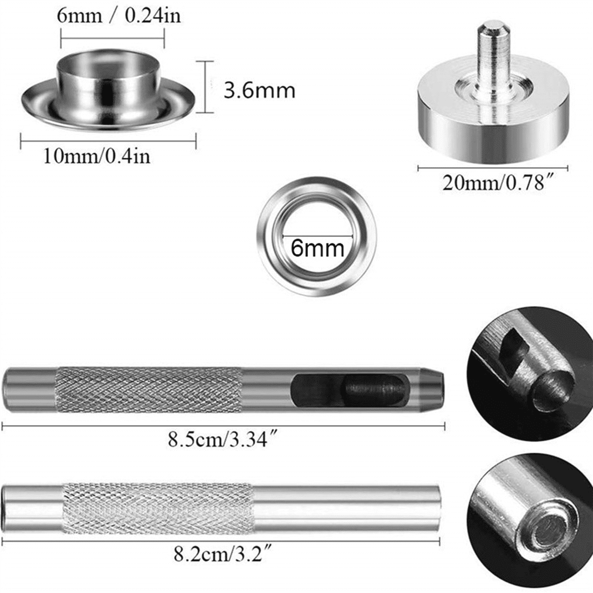 300Pcs Metal Eyelets Set 6mm Grommet Rings Kit with Mounting Punch Rod for DIY Accessories Leather Craft Clothing Repair