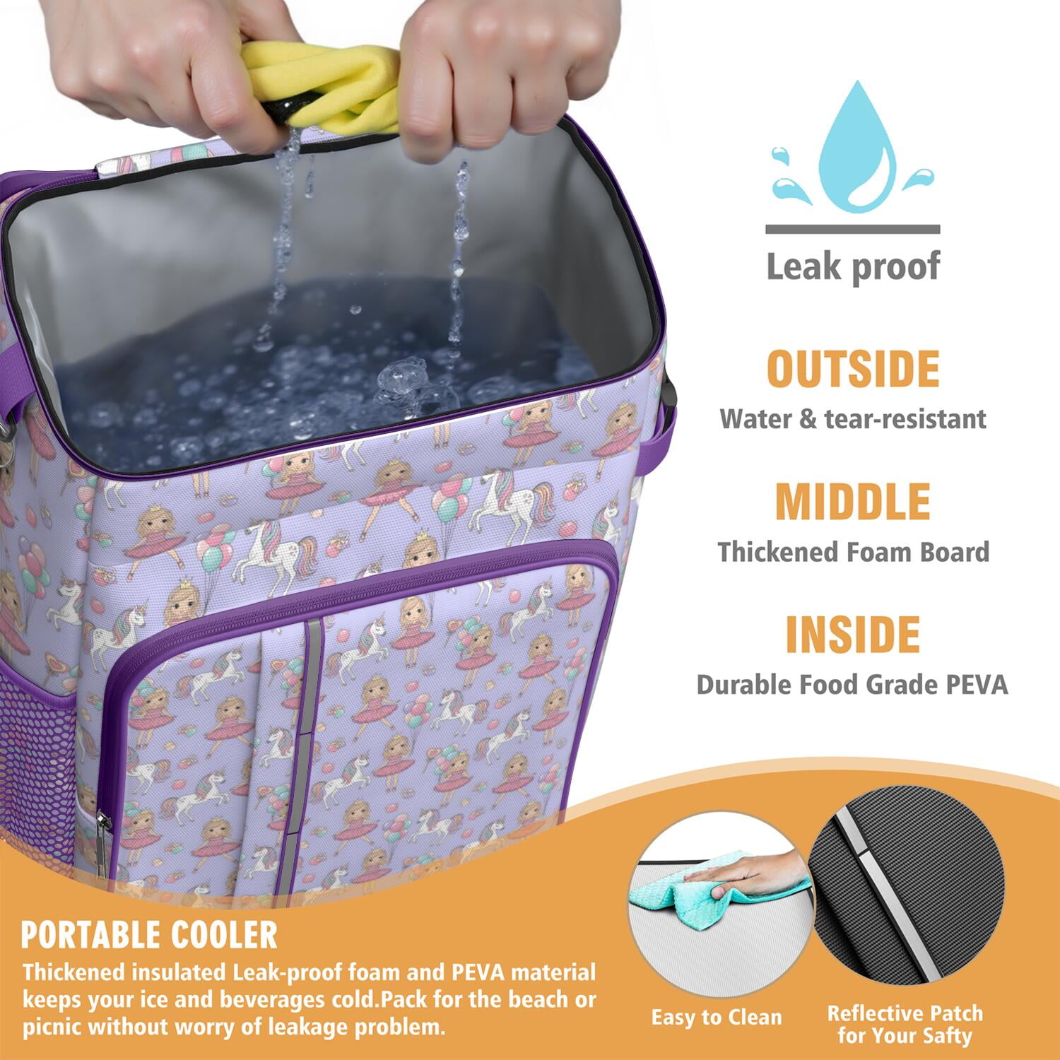 Travel Cooler Bag - Princess and Unicorn Pattern Camping Beer Cooler Backpack with Bottle Opener- Waterproof Insulated Picnic Backpacks - Cooler Bag for Beach