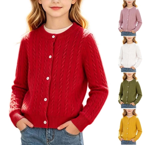 Girls Cable Knit Sweater Cardigan Long Sleeve Button Up Jacket 18M-10Y Kids School Uniform Winter Fall Outerwear (4-5 Years, Red)
