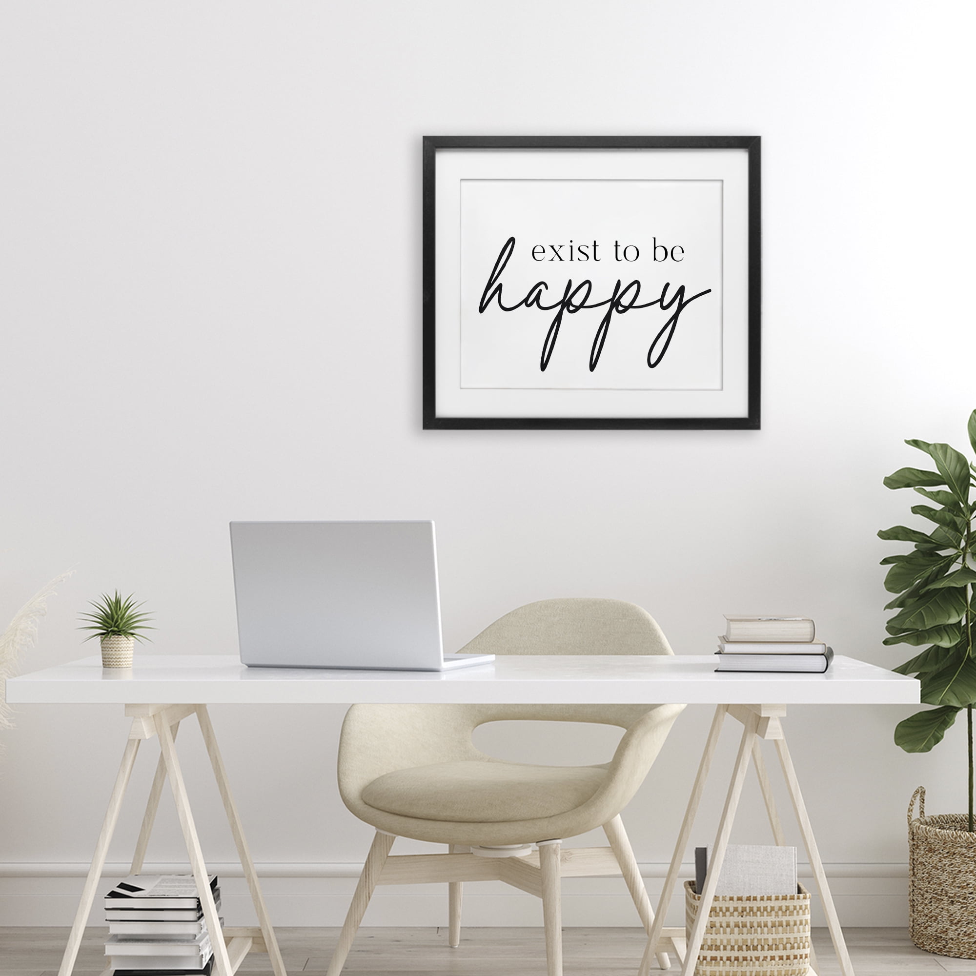 Exist To Be Happy Black Framed Print Under Glass, design by Lettered and Lined