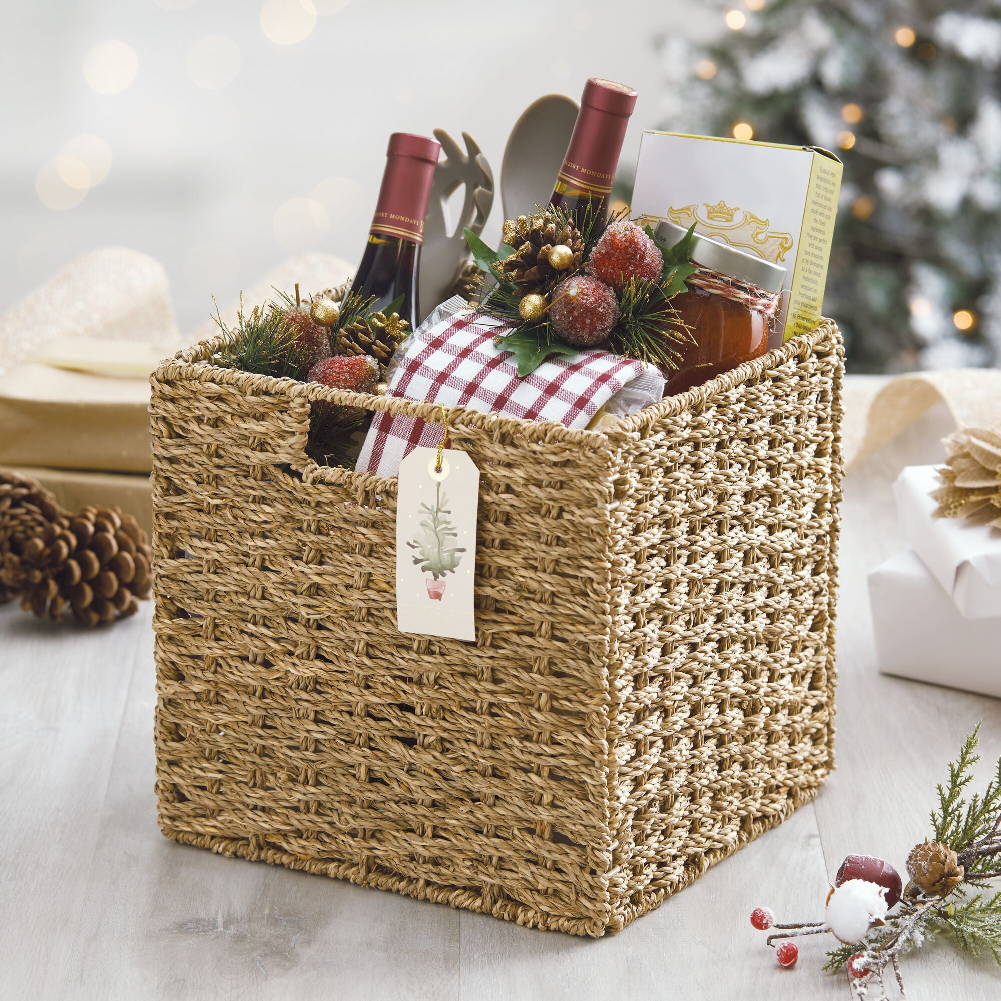 mDesign Seagrass Woven Cube Bin Basket Organizer, Handles, 6 Pack - Natural/Tan