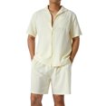 thumbnail image 2 of Sunloudy Conjunto de traje de 2 piezas para hombre, camisa de manga corta con cuello vuelto de color sólido + pantalones cortos para el verano Sunloudy  S/M/L/XL/XXL, 2 of 9