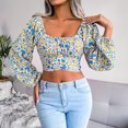 thumbnail image 4 of Crop Top Col Carré Imprimé Floral Femmes Slim Top Lanterne Manches Longues Tunique Manches Courtes Arrière Lacets Design, 4 of 8