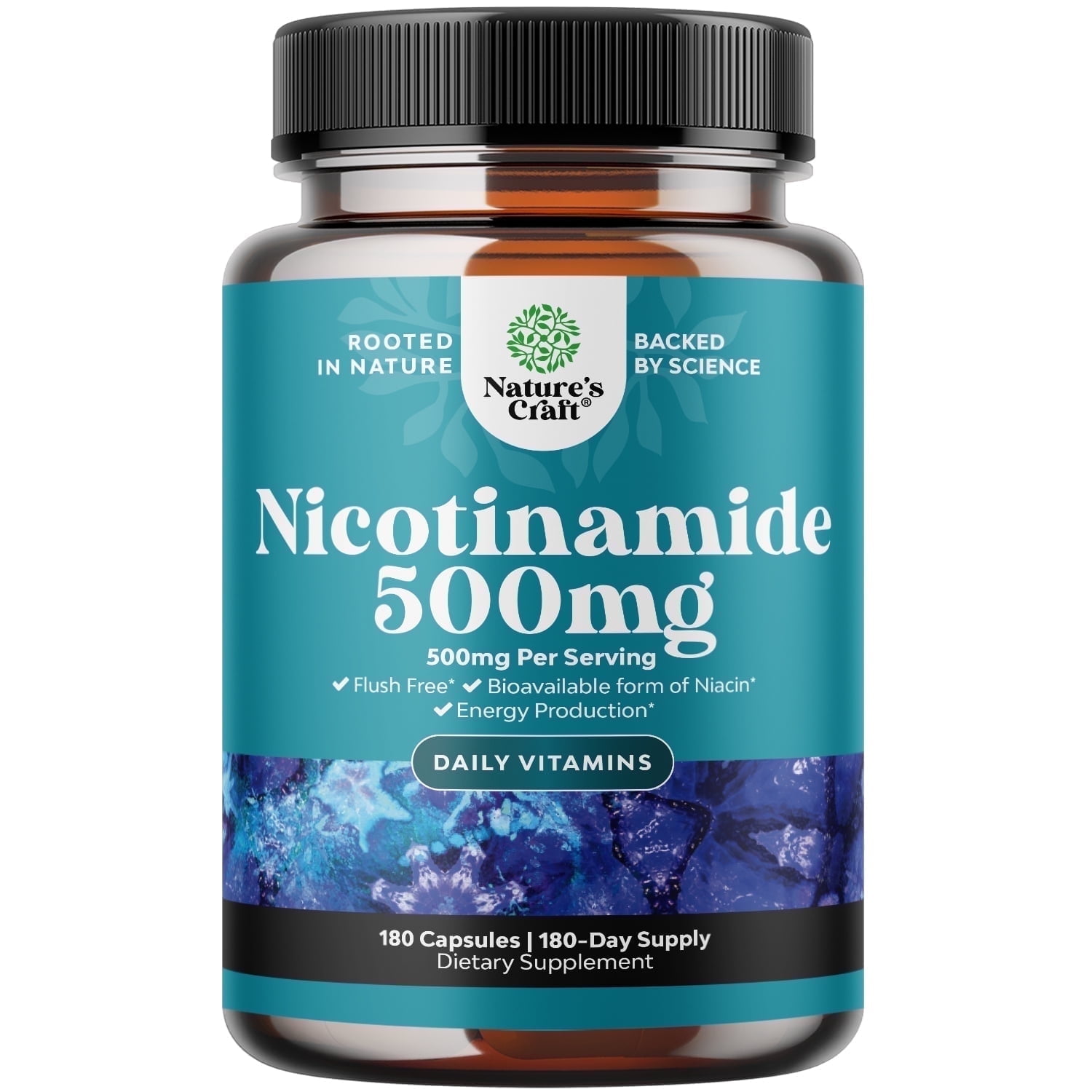 Natures Craft 500mg Nicotinamide Niacin Capsules, Flush Free Skin Supplement, 180 Count
