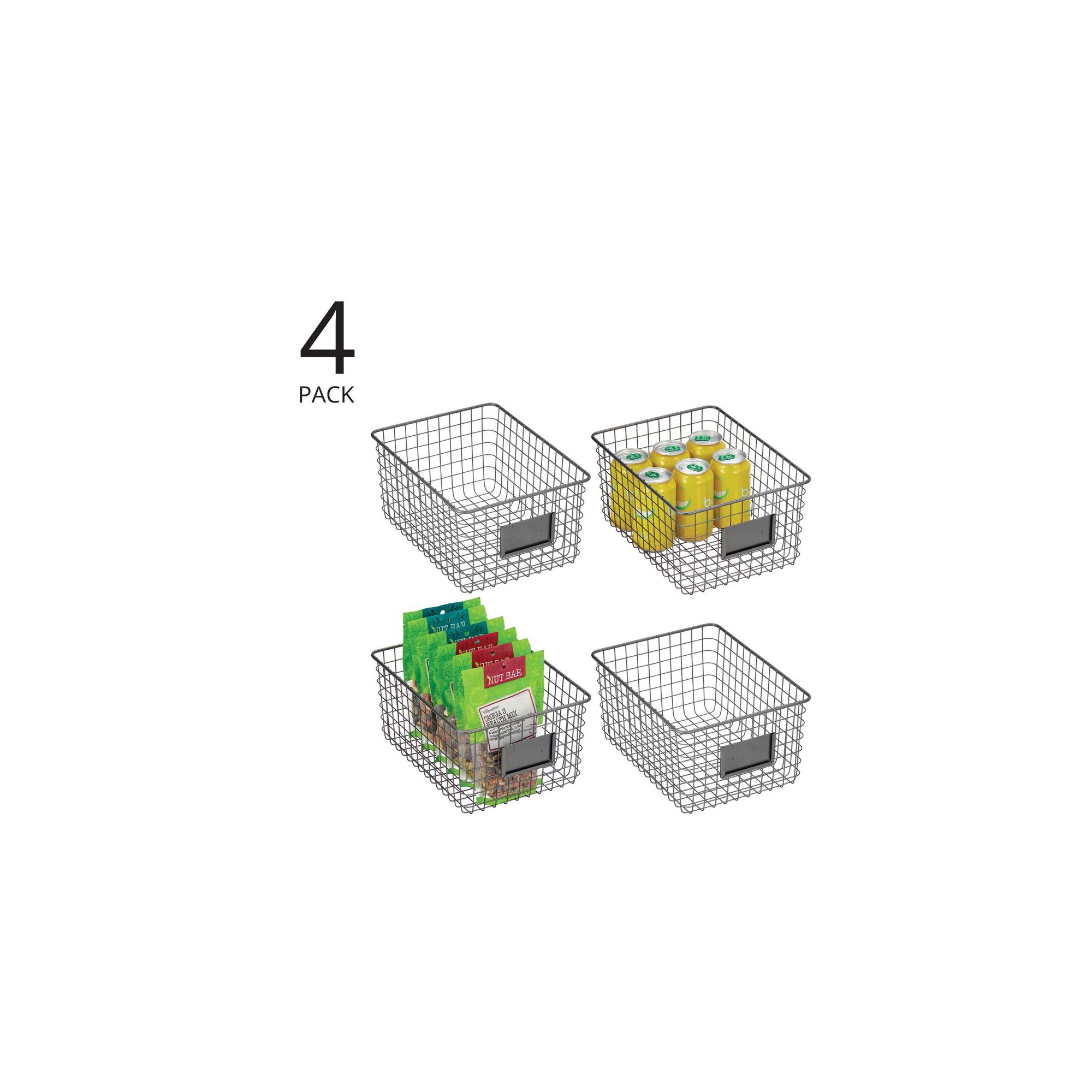mDesign Large Steel Kitchen Organizer Basket with Label Slot, 4 Pack - Dark Gray