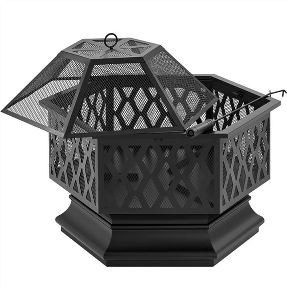 RTRWDC 28" Hexagon Outdoor Fire Pit Black Metal with Spark Screen & Fire Poker Fits Charcoal/Firewood for 6-12 People 28"×28"×25" for Yard/Patio/Camping