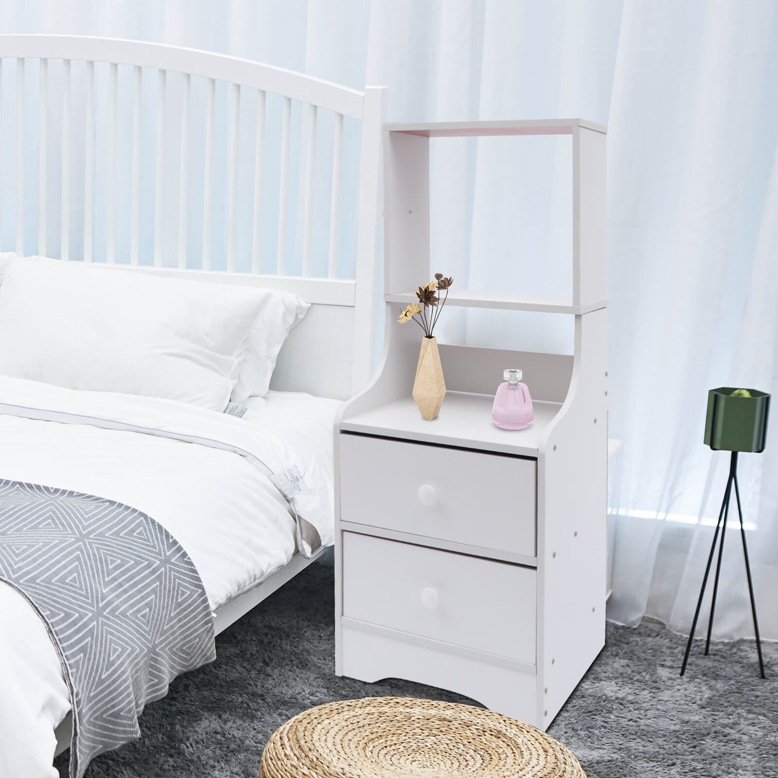 Bedside Table Nightstand Tall Bed End Table with Storage Shelf and 2