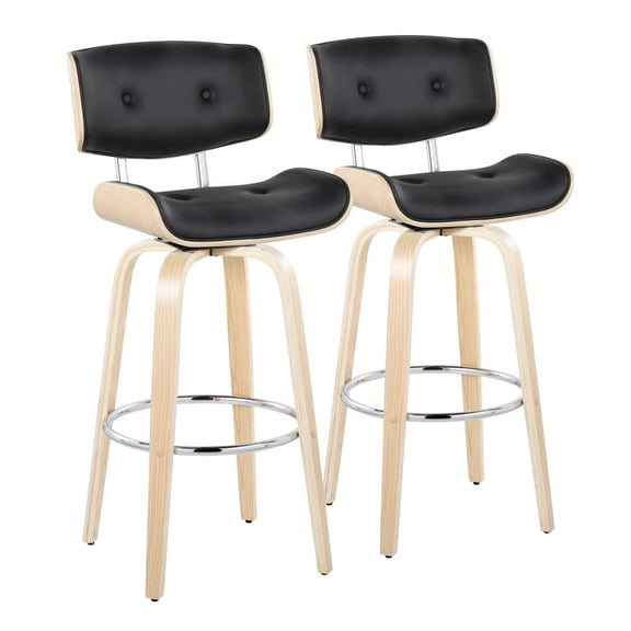 Lombardi 30" Mid-Century Modern Fixed-Height Barstool with Swivel in Natural Wood and Black Faux Leather with Round Chrome Metal Footrest by LumiSource - Set of 2
