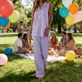 thumbnail image 2 of RYDCOT Women'S Summer 2 Piece Linen Outfits Sleeveless V Neck Tops and High Waisted Wide Leg Pants Sets Purple, 2 of 9