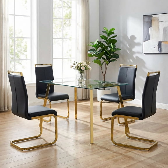 Sumdeal Modern 5-Piece Dining Table and Chair Set, 51-inch Glass Dining Table and High-Back PU Leather Dining Chairs, Minimalist Kitchen/Dining Room Furniture Set, Metal Table and Chair Legs