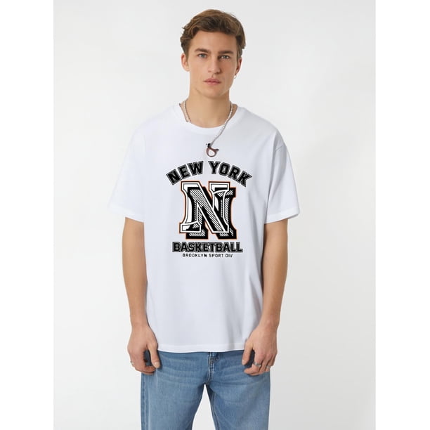 Men'S Casual Crew Neck T-Shirt, New York Basketball Print, Slight Stretch, Summer Sports Leisure Style, Fashionable Round Neck Top for Daily Wear - 180gsm