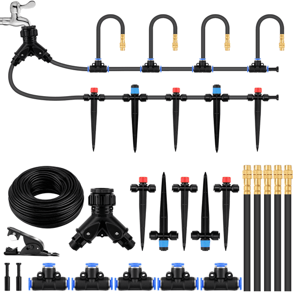 50FT Drip Irrigation System Small Garden Quick Connect 1/4" PE Water Tubing Automatic 10Pcs Sprinkler Kit Adjustable Misting Part Watering Hose Outdoor Raised Bed Plants Flower Greenhouse
