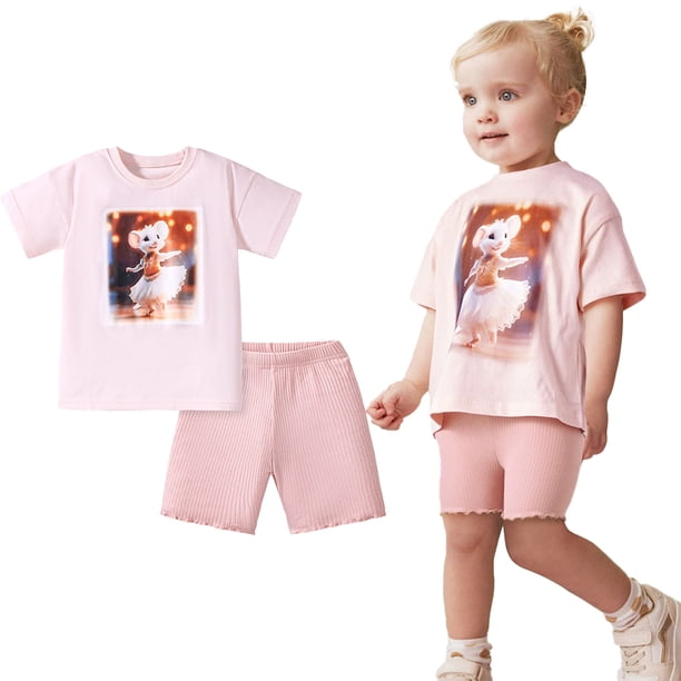 Ensemble Pyjama Été Garçon Fille 12-24 Mois - T-Shirt Imprimé Mignon + Short Élastique