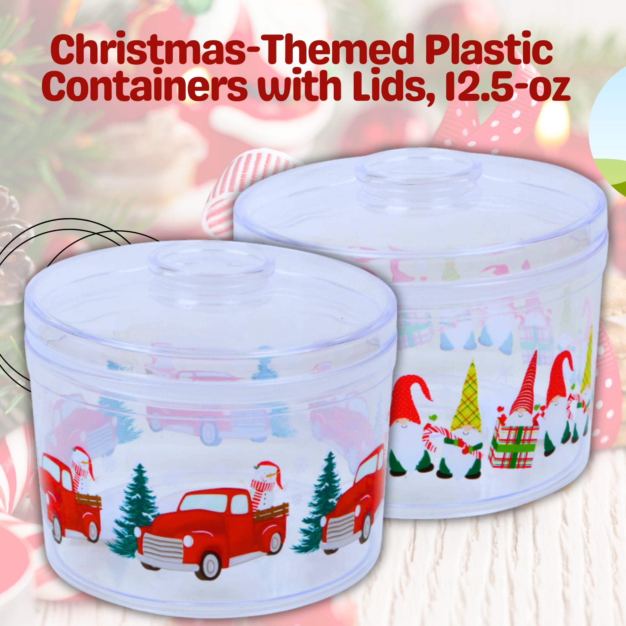 24 Wholesale Food Storage Container Christmas Square 7x7x4.7in Plastic W/4  Prints Xmas Label/3 Color Lids - at 