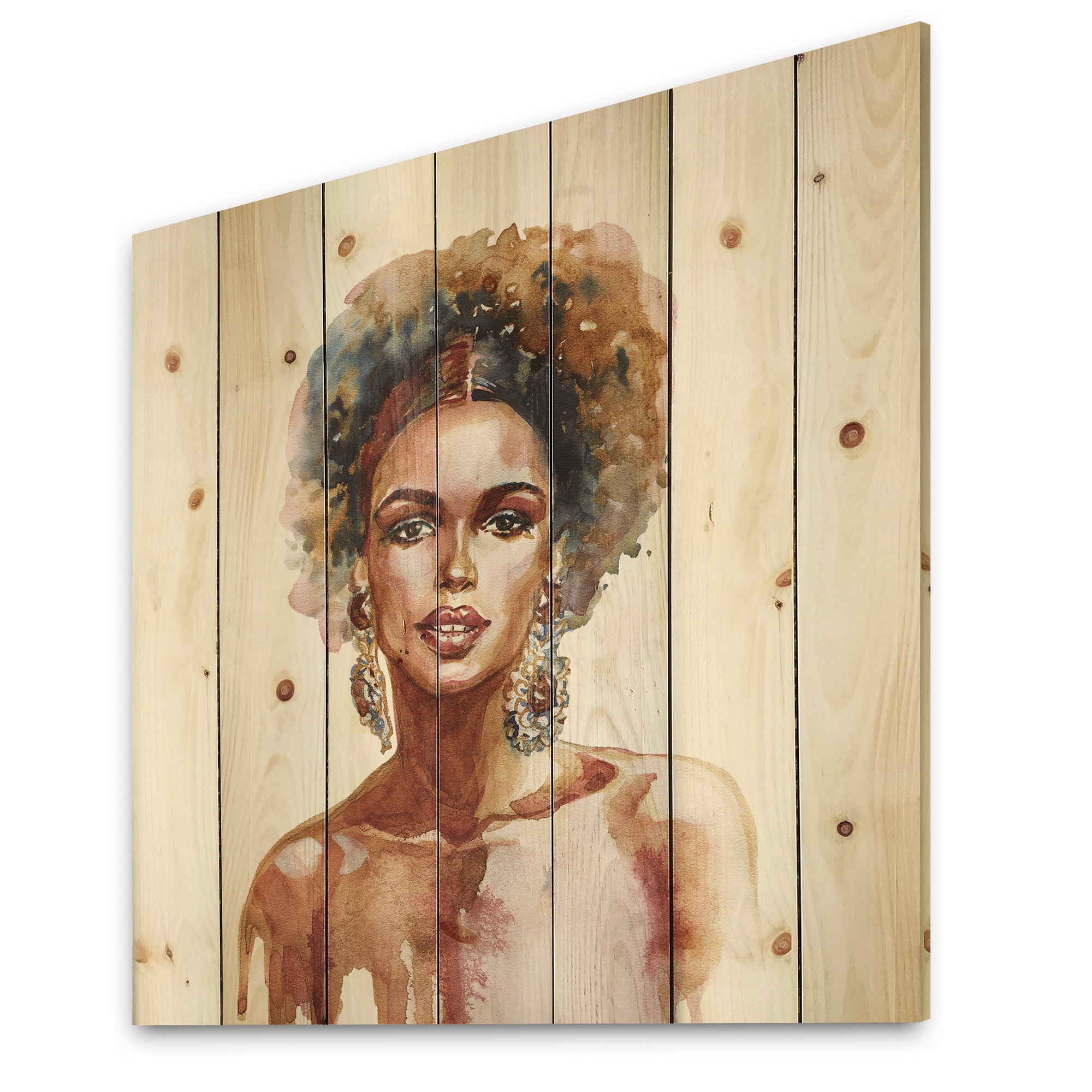 Designart 'Portrait of Afro American Woman V' Modern Print on Natural Pine Wood
