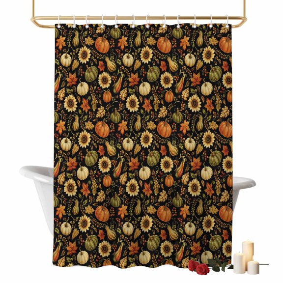 Fall Thanksgiving Bathroom Shower Curtains with Hooks, Rustic Farmhouse Orange Pumpkin Sunflower Leaves Waterproof Fabric Washable Shower Curtain for Home Hotel Bathtub Decor 36x78 Inch