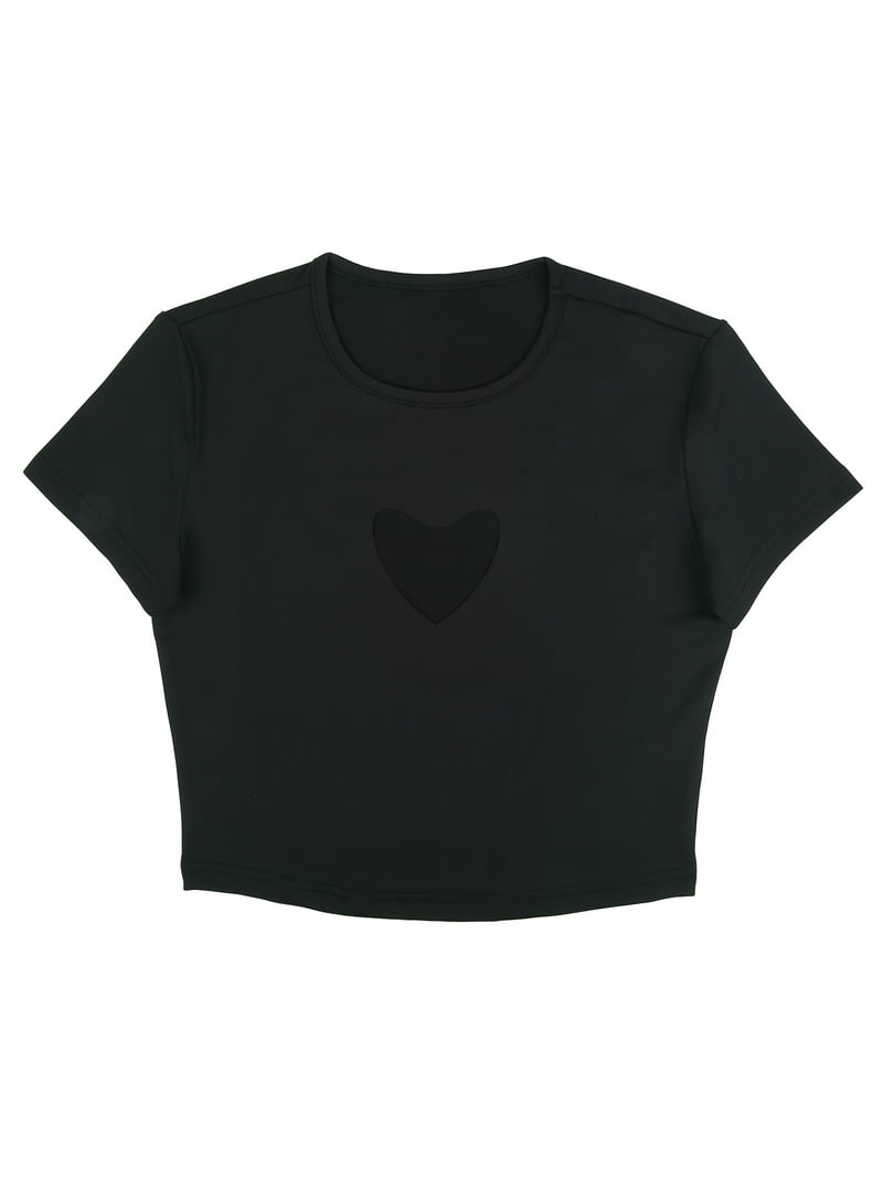 HDE Women's Heart Cut Out Crop Top Short Sleeve T Shirt Black - M