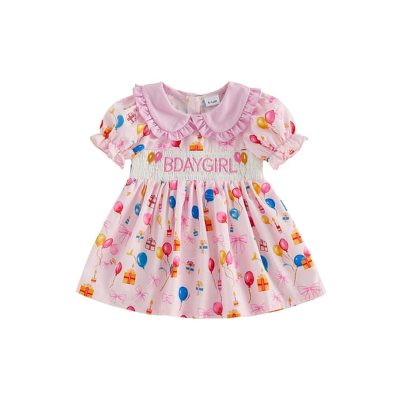 BemeyourBBs Toddler Baby Girl Birthday Dress 6 12 18 24 Months 2 3 4 Years Little Baby Girl Summer Smocked Dress Birthday Girl Letter Balloon Embroidery Short Sleeve Peter Pan Doll Collar Dress