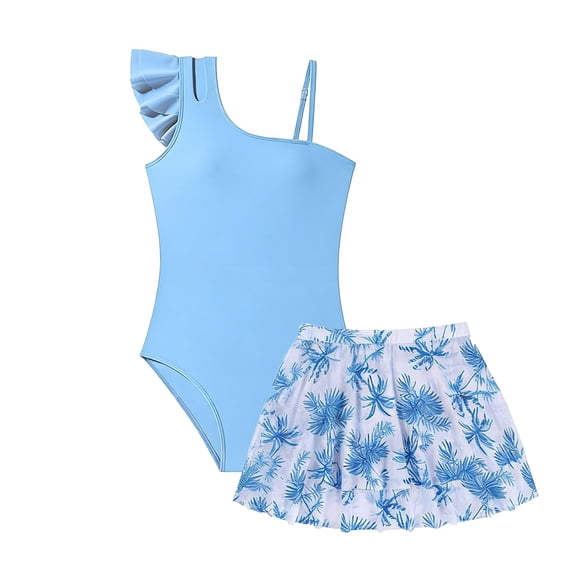 FINALGANG Girls Kids One Shoulder Ruffle One Piece Swimsuit With Matching Tree Print Mesh Skirt Cover Up For Beach Days Pool Parties Summer Vacations Sky Blue 11-12 Years