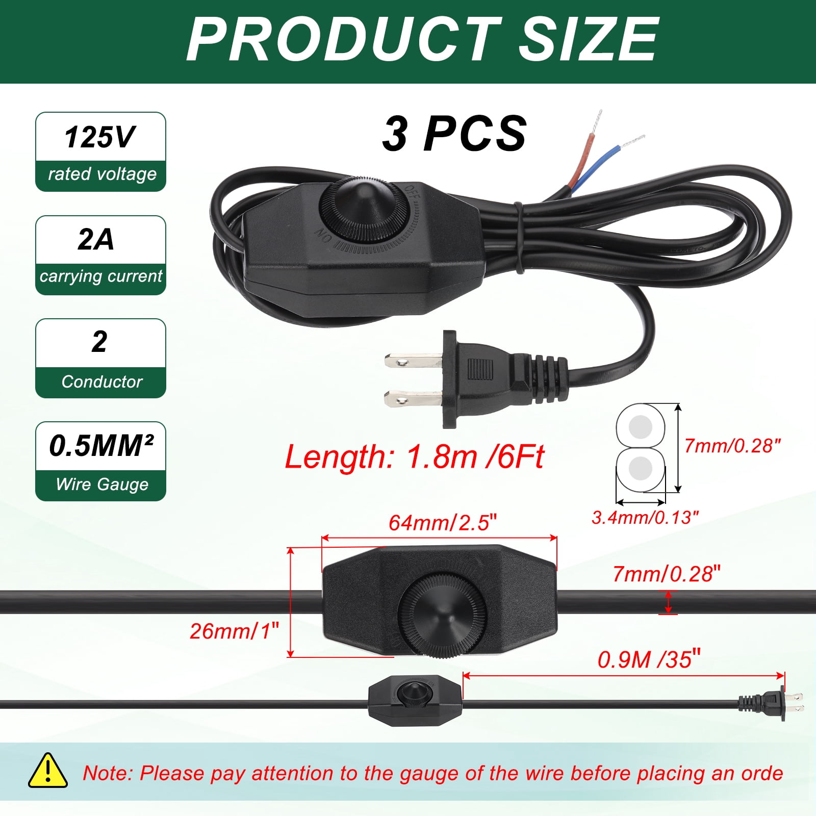 Uxcell 6 Feet Lamp Cord with Plug, 3 Set UL List Lamp Power Cord with Full Range Rotary Lamp Switch, Black
