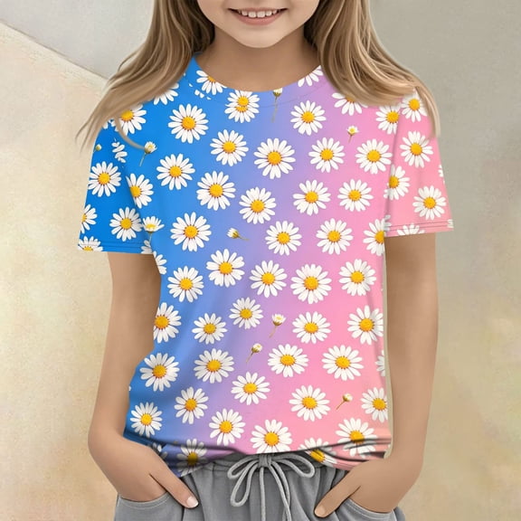 Cute Summer Tops for Kids Girls Size 7 Soft Casual Short Sleeve Crew Neck Girls Shirts Funny Daisy Graphic Tees Girls Fashion Tunic Tops Dark Blue 7-8 Years