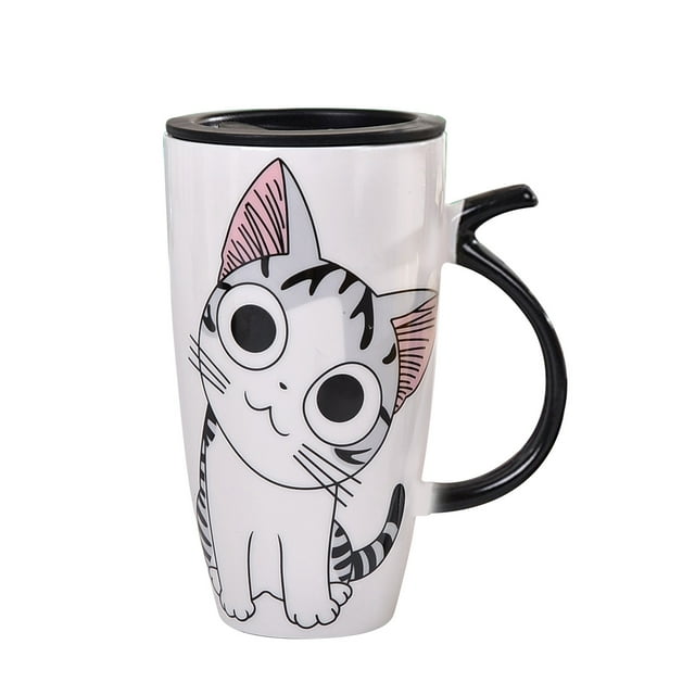 Taza de cerámica para café y té con diseño de gato, 600 ml, novedosa taza de cerámica para la mañana con tapa para el hogar y la oficina.