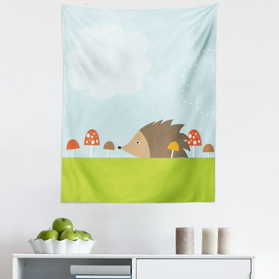 Hedgehog Tapestry, Animal in the Mushroom Field Woodland Wildlife Cartoon Theme, Fabric Wall Hanging Decor for Bedroom Living Room Dorm, 5 Sizes, Green Brown Pale Blue, by Ambesonne