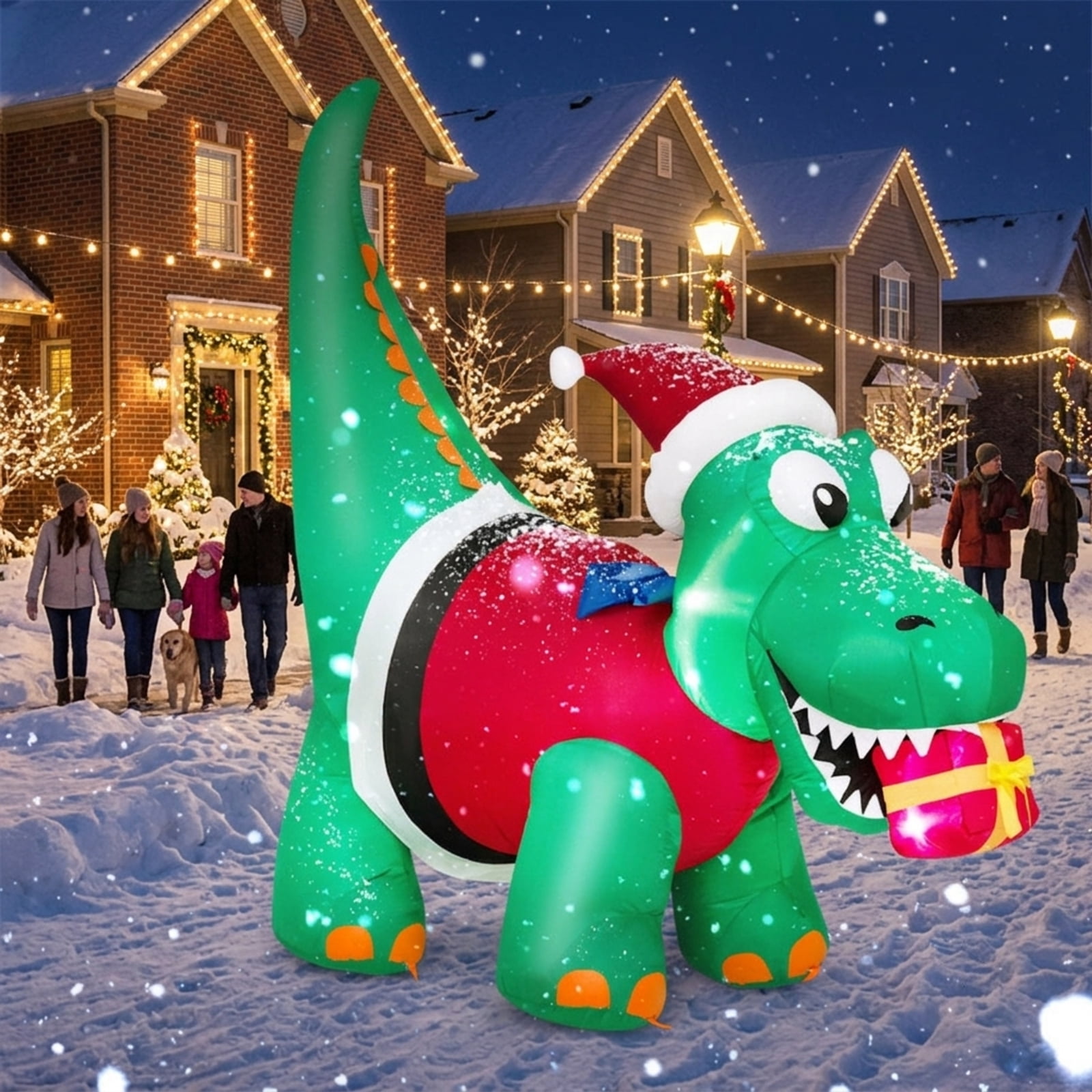 RUIE 6 FT Christmas Inflatable Dinosaur, Blow Up Dino with Santa Hat Gift Box and LED Lights, Lighted Outdoor Yard Decor for Lawn Party - Green