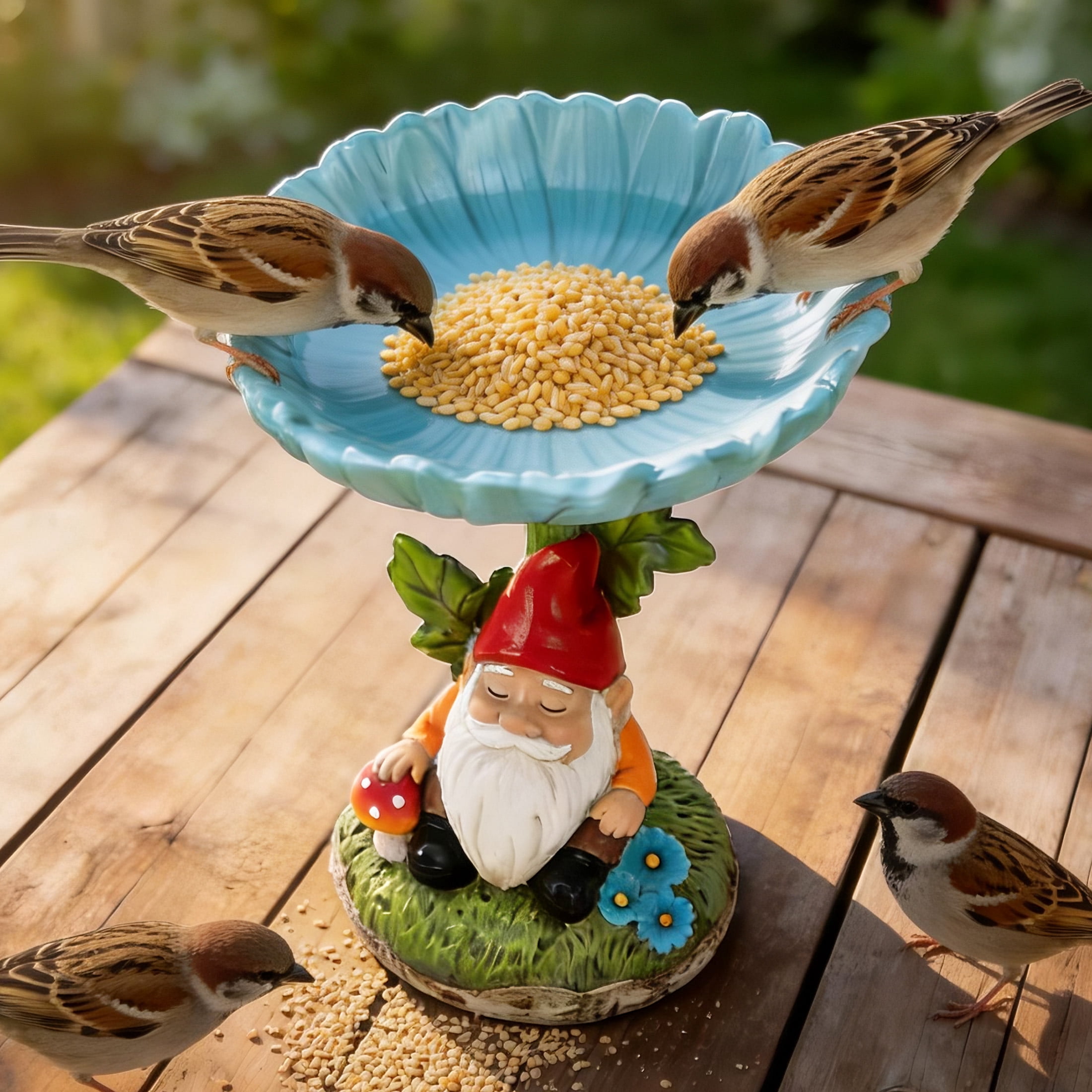The Growing Ground Daisy Gnome Bird Feeder, Resin Garden Statue with Flower Bowl for Outdoor Patio Decor, Teal