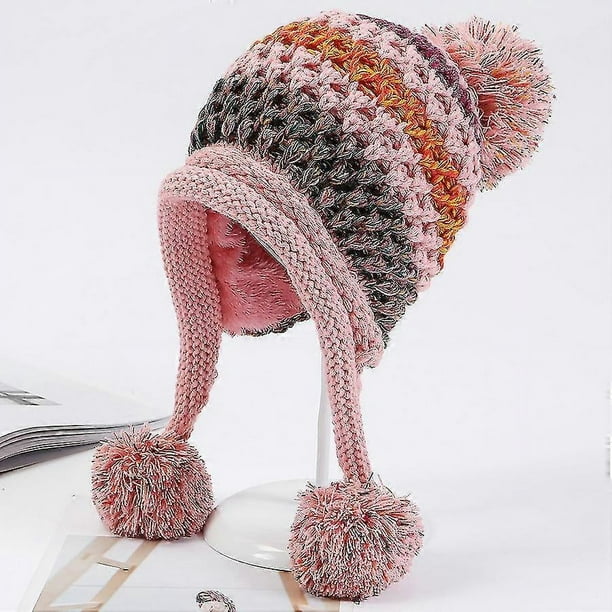 Women Winter Peruvian Cover Ears Beanie Hat Ear Flaps Ski Snow Hats Knit Fleece Lined 3 Pom Pom