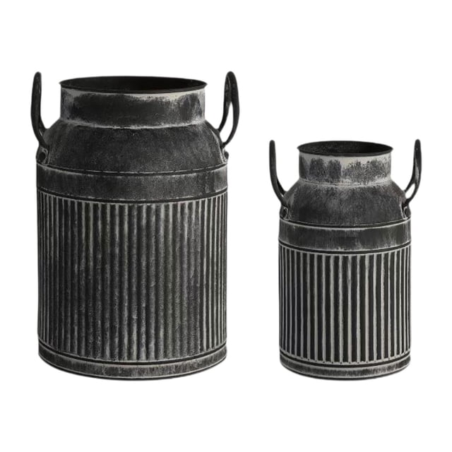 Jarrón estilo granja con asa, maceta de metal para sala de estar y patio. Negro