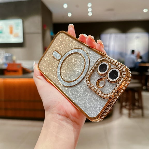 Magnetic Case for iPhone 15 Pro Max, Glitter Bling Clear Cover with Diamond & Gradient Glitter Paper Slim Fit Rugged Compatible with Magsafe Rugged Shockprofo Phone Case for Girls Women,Gold