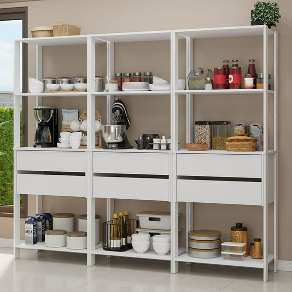 Madesa Kitchen Pantry Storage Rack with 6 Drawers and Open Shelves 82"L Multiuse Modular Cabinet for Kitchen Organization - White