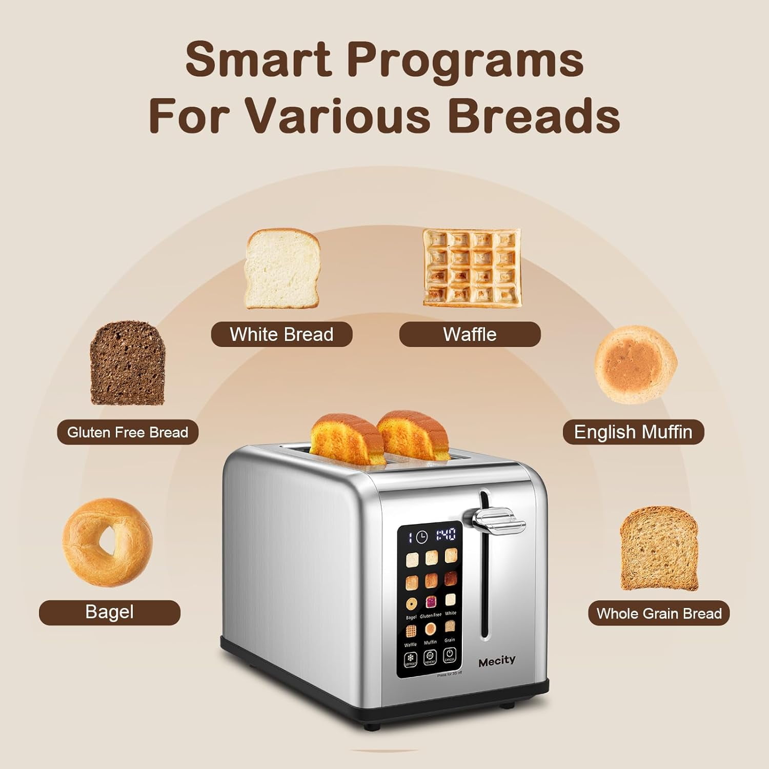 2 Slice Toaster Touch Screen 1.5" Wide Slot, Stainless Steel Smart Bread Toaster for Bagel Muffin Waffle Gluten Free Breads, Timer, Defrost, Reheat, 120V 825W