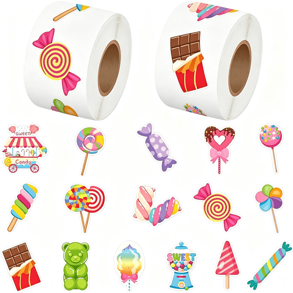 CCOCC 500Pcs Christmas Stickers 16 Styles Candy Sticker Rolls Adorable Lollipop Stickers 1In Self-Adhesive Waterproof Vinyl Sticker Decor for Birthday Party Envelopes Scrapbook Decorations