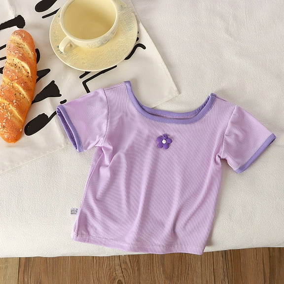 SGFCWSX Girls T-Shirts Kids Striped Casual Summer Ribbed Short Sleeve Daily Wear Tops Purple Size 6-7 Years