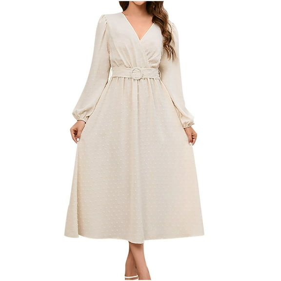 IROINNID Maxi Dress for Women Strapless V-Neck Wrap Dress Vintage V Neck Long Sleeve Solid Dresses ,Beige