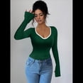 thumbnail image 4 of Camisetas Ajustadas con Cuello en Forma de Corazón para Mujer, Tops de Punto Acanalado con Mangas Largas Acampanadas Verde M, 4 of 7