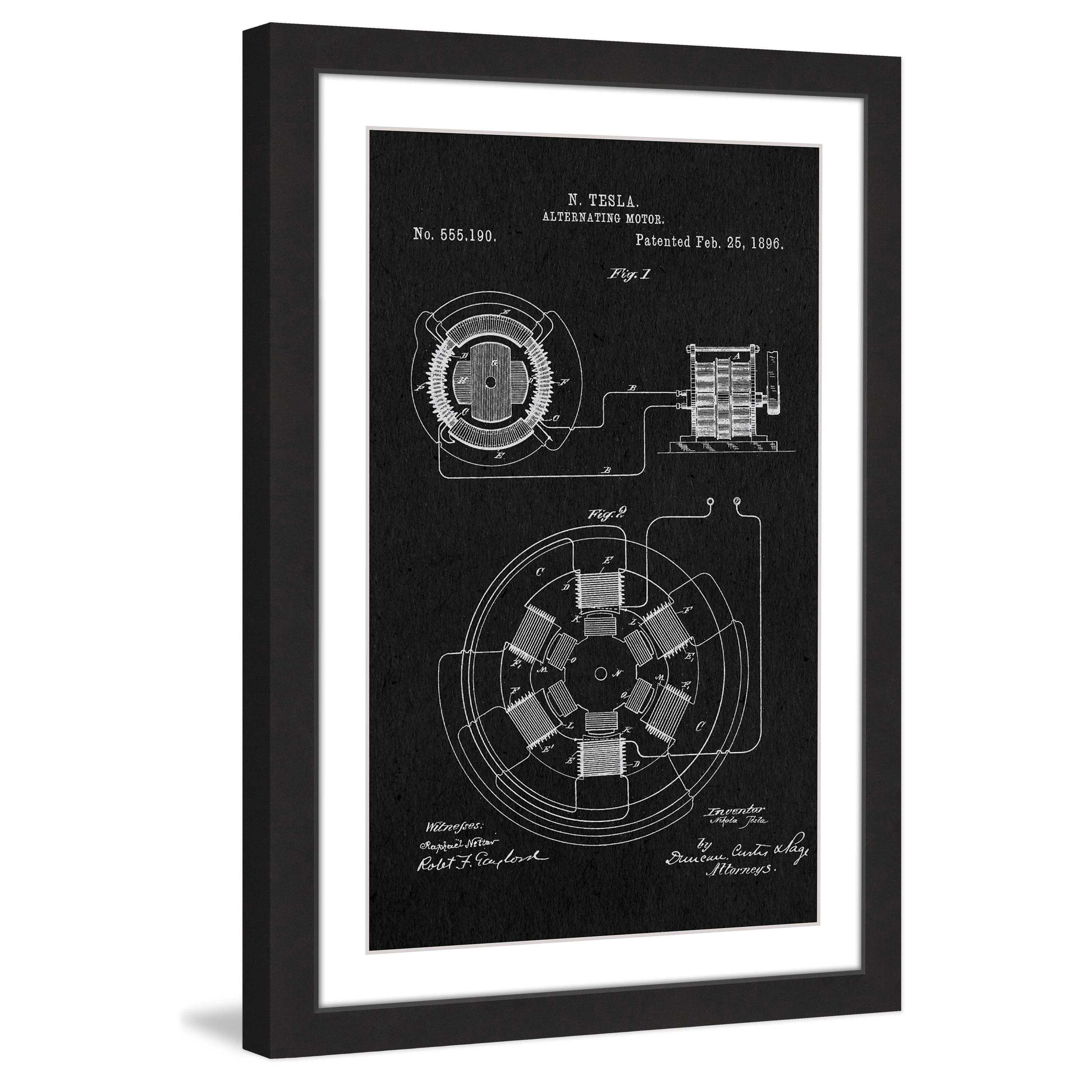 "AC Motor 1896 Black Paper" Framed Painting Print