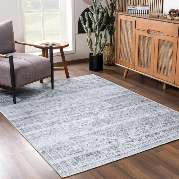 Hauteloom Barny Living Room, Bedroom Machine Washable Area Rug - Traditional - Off White, Charcoal, Ink Blue - 7'10" x 10'2"