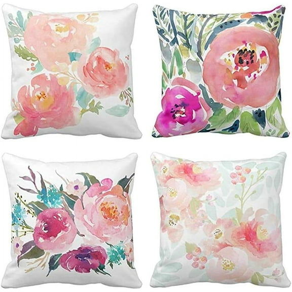 Set of 4 Throw Pillow Covers Peonies Summer Watercolor Floral Pink Flower Girly Pastel Mint Colorful Decorative Pillow Cases Home Decor Square 20x20 Inches Pillowcases