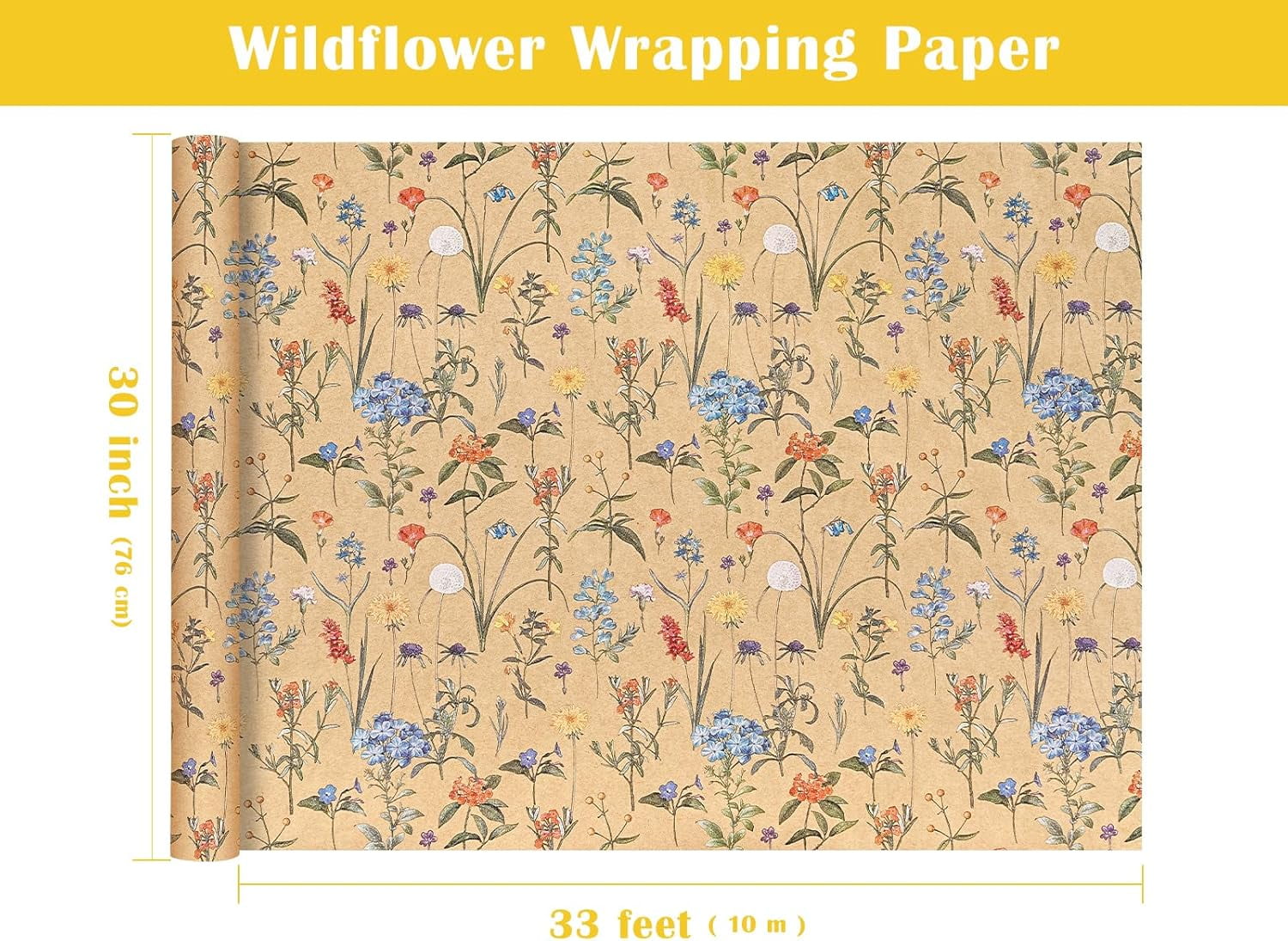 AllWays Plaza 30 Inch Kraft Floral Wrapping Paper Roll - 30 Inch x 33 Feet - Wildflower Wrapping Paper Perfect for Girls Women Birthday, Wedding, Bridal Shower