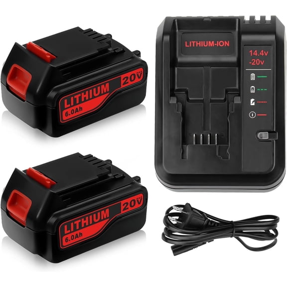 2Packs Battery and Charger Replacement for Black Decker 20V 6.0Ah Lithium LB2X4020 LB20 LBX20 LST220 LBXR2020-OPE