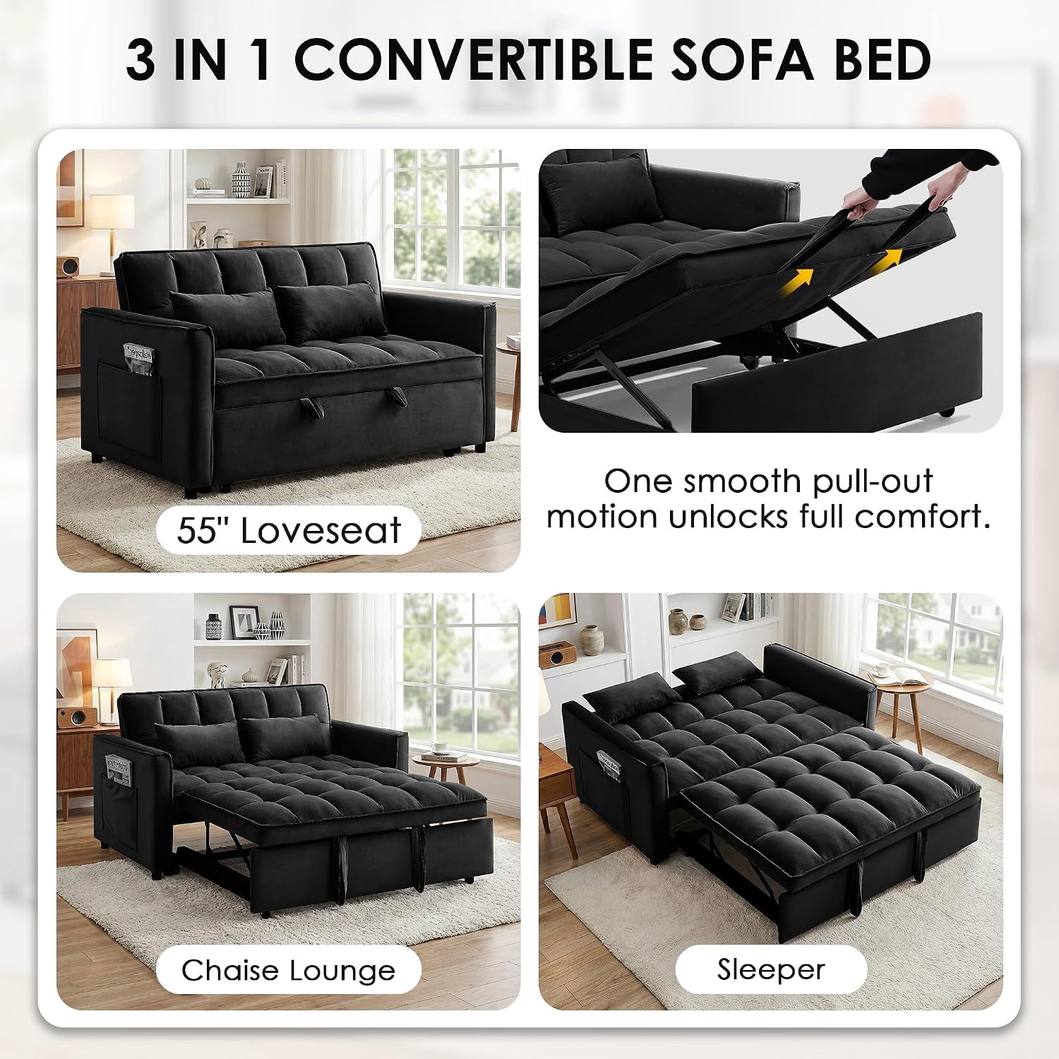 55" 3-in-1 Convertible Loveseat Sleeper Sofa, Velvet, with Pull-Out Bed, Reclining Backrest and Side Pockets, Black