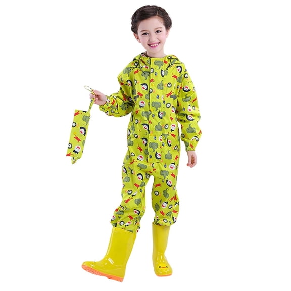 Kids One Piece Rain Suit Cartoon Print Thick Raincoat Rain Pants Set for Boys Girls Children Ages Yellow 8 Years-9 Years