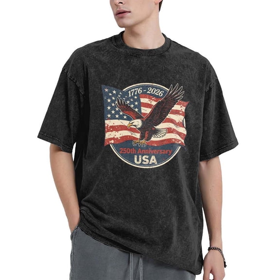 USPEED Vintage Washed Oversized Patriotic T-Shirt, USA 250th Anniversary 1776-2026 Bald Eagle American Flag Circular Badge Graphic Short Sleeve Crewneck Casual Top for Men Women