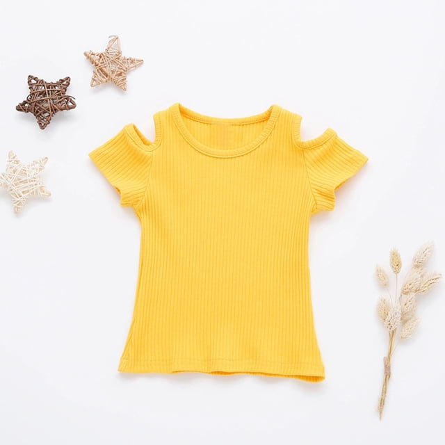 SGFCWSX T-Shirt for Girls, Solid Knitted Off Shoulder Short Sleeve Crewneck Summer Soft Tee Yellow 3-4T