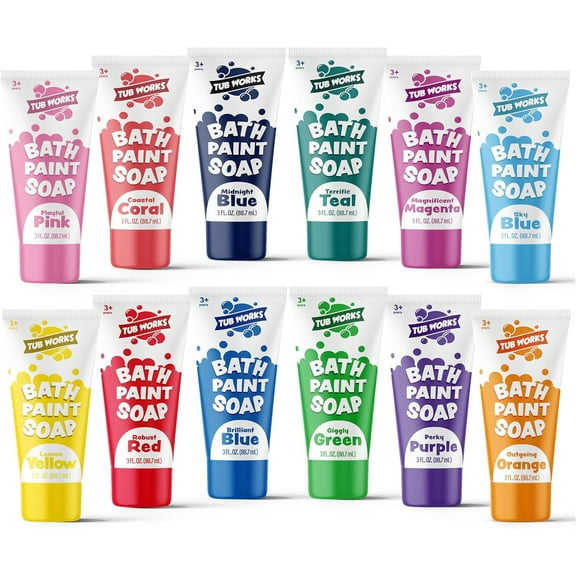 Tub Works Bath Paint Soap, 12 Pack, Washable Bathtub Paint for Finger Painting on Tub Walls, Variety Pack