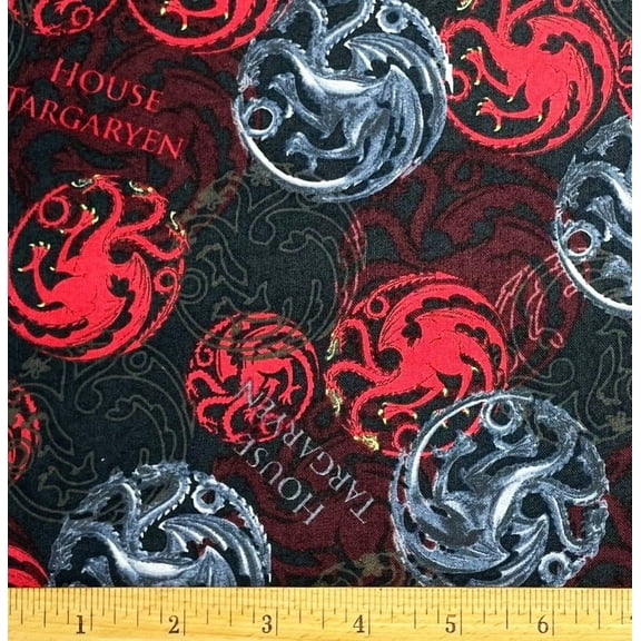1/2 Yard - House of Dragon Targaryen on Black Cotton Fabric (Great for Quilting, Sewing, Craft Projects, Throw Pillows & More) 1/2 Yard X 44" Wide